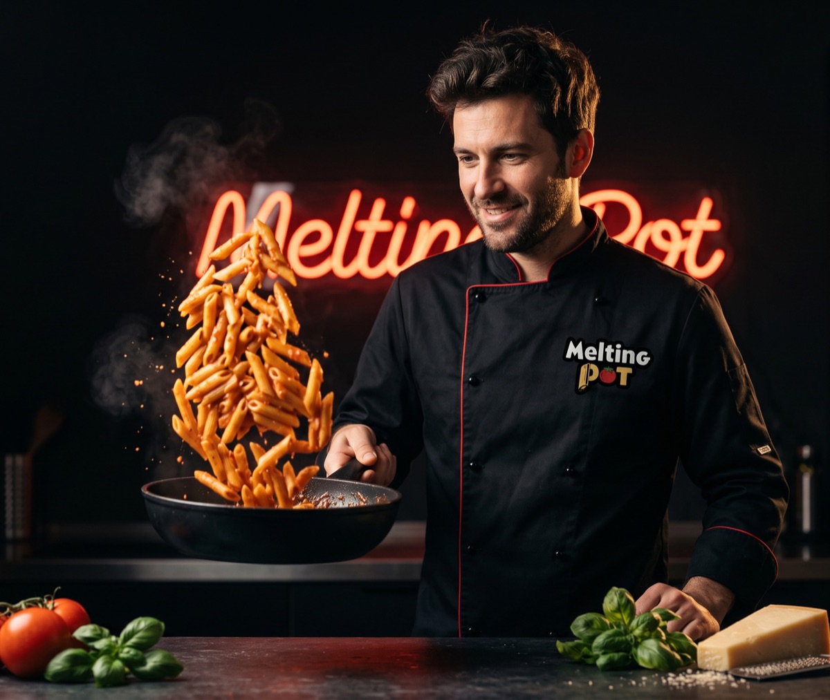 Cuisinier Melting Pot faisant sauter les penne sous l’enseigne de la boutique