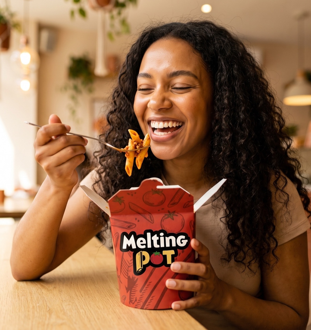 Cliente dégustant une box de penne Melting Pot en salle